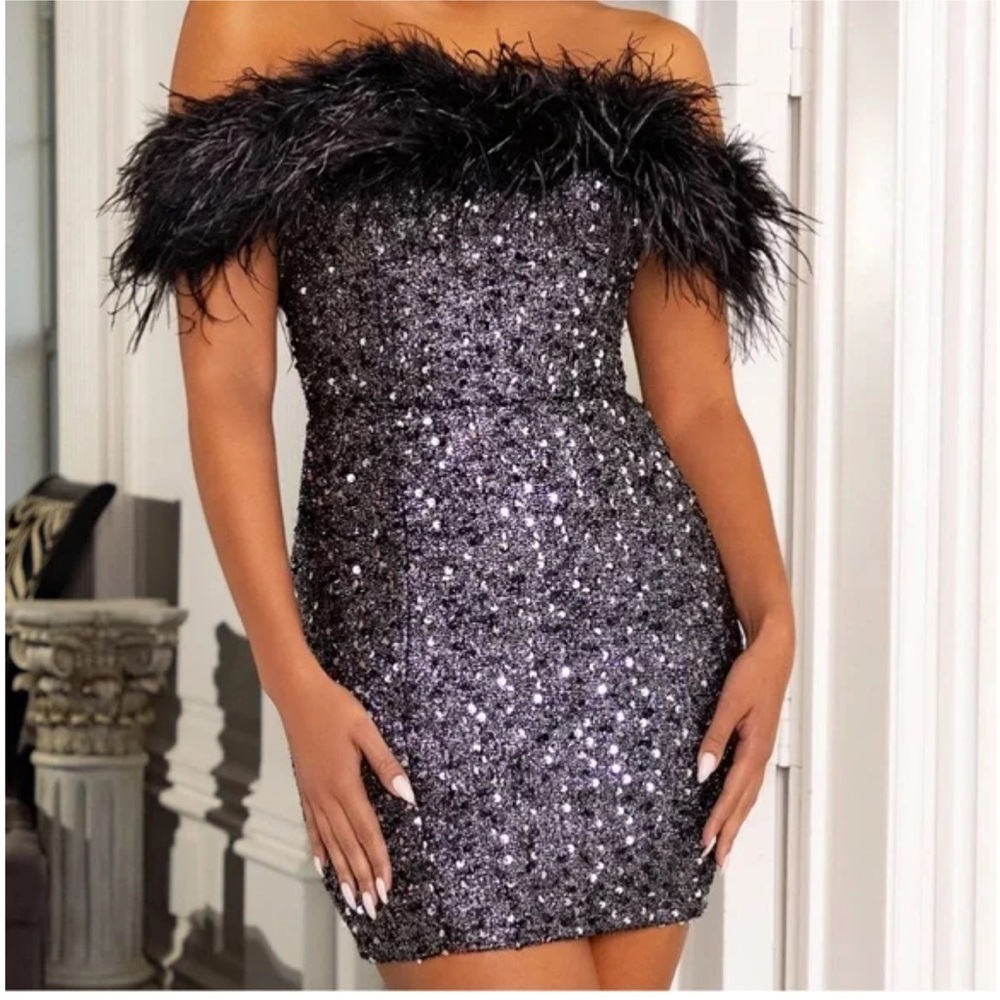 NWT Club L London - BLACK SEQUIN DRESS WITH FEATHER BARDOT (Size 6)